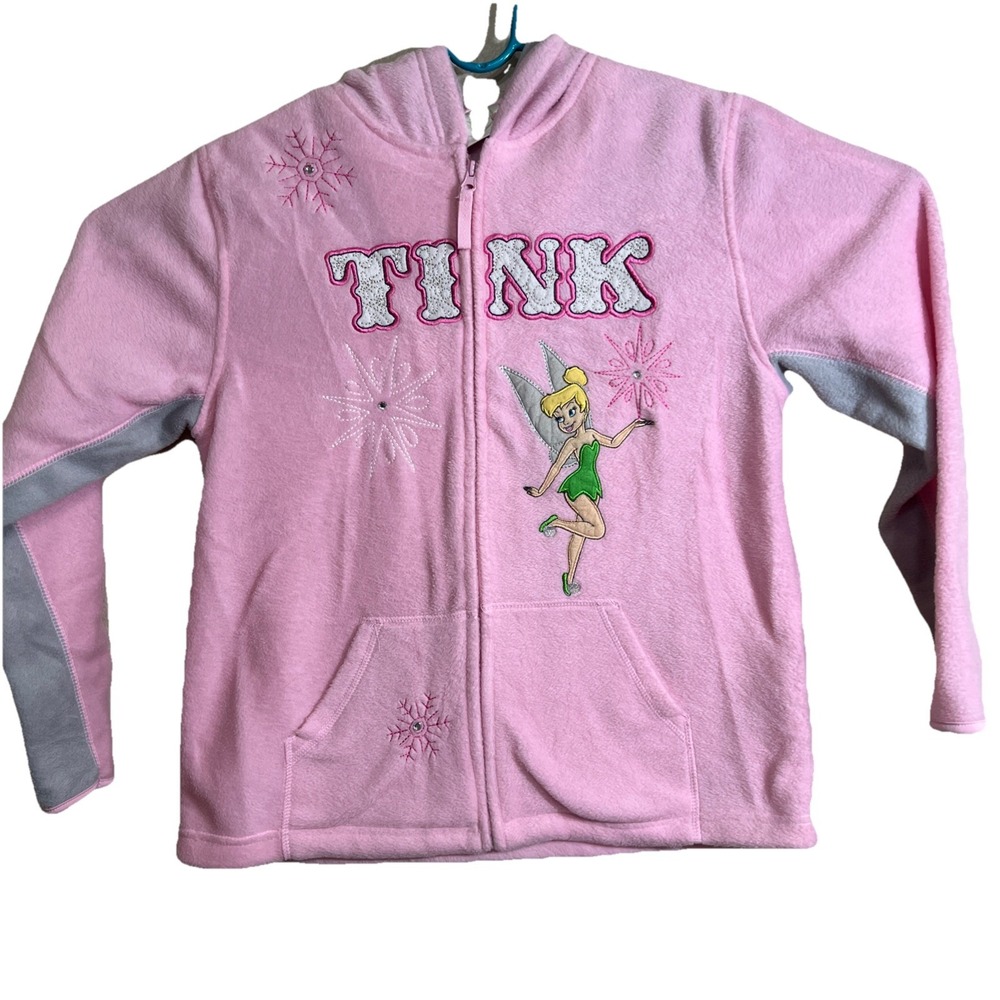 Disney Tinkerbell Sz M  (7-9) Pink Tink Logo Fleece Zip‎ Up Jacket Sweatshirt